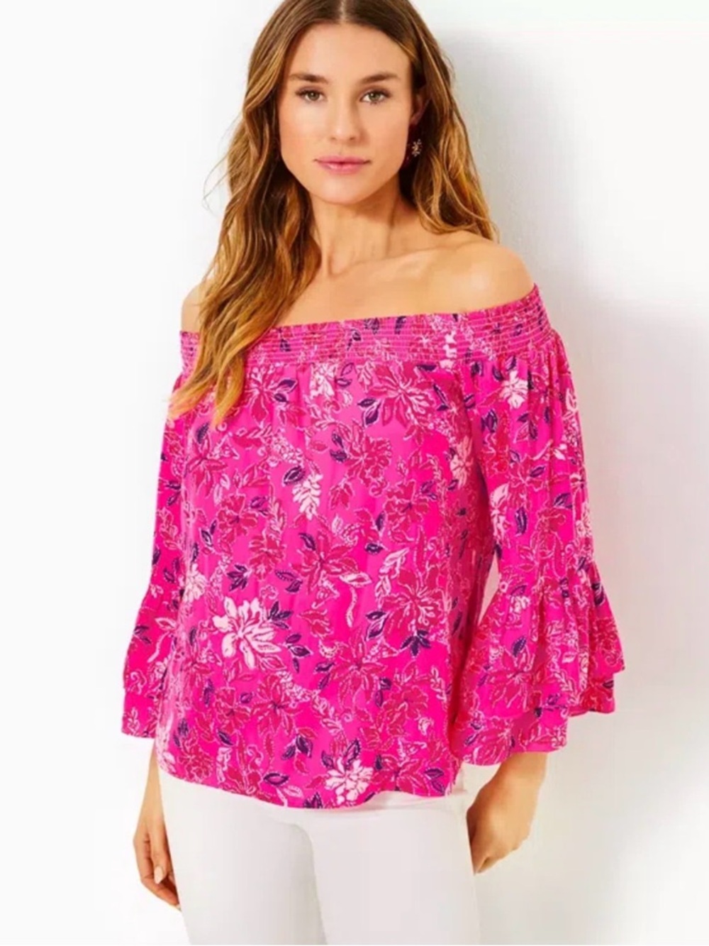 Lilly Pulitzer  Kaori 3/4 Sleeve Off-Shoulder Floral Blouse size Medium